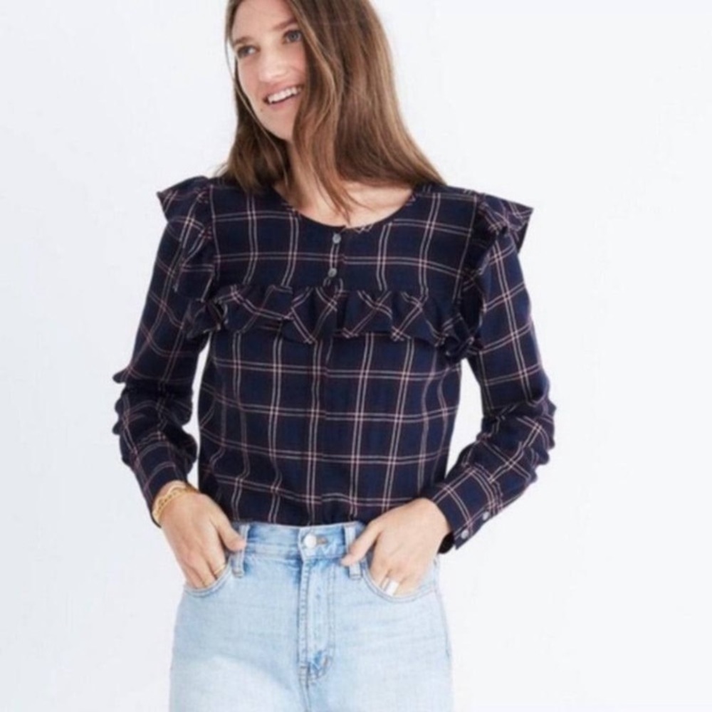Madewell purple and navy plaid ruffle yoke long sleeve cuff blouse size Large